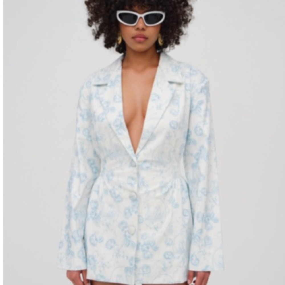 For Love And Lemons Light Blue Floral Blazer Jacket
